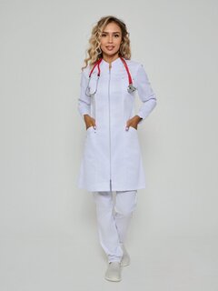 Изображение товара Халат женский медицинский 409.4.2 Uniformed, сатори стрейч, укороченный, рукав длинный, белый с вышивкой, размер 64-66