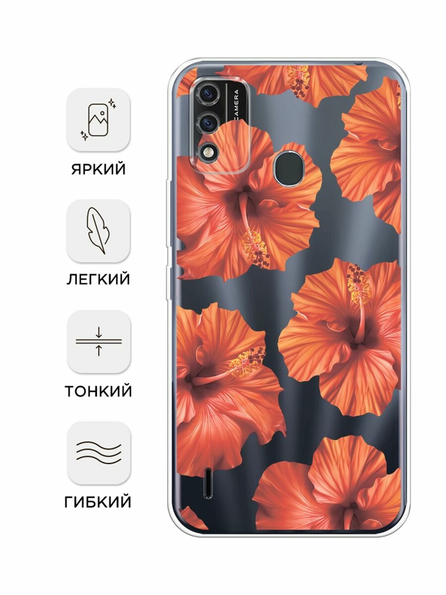 Чехол на Itel A48 / Ител А48 с принтом "Рыжие гибискусы", прозрачный — фото 1