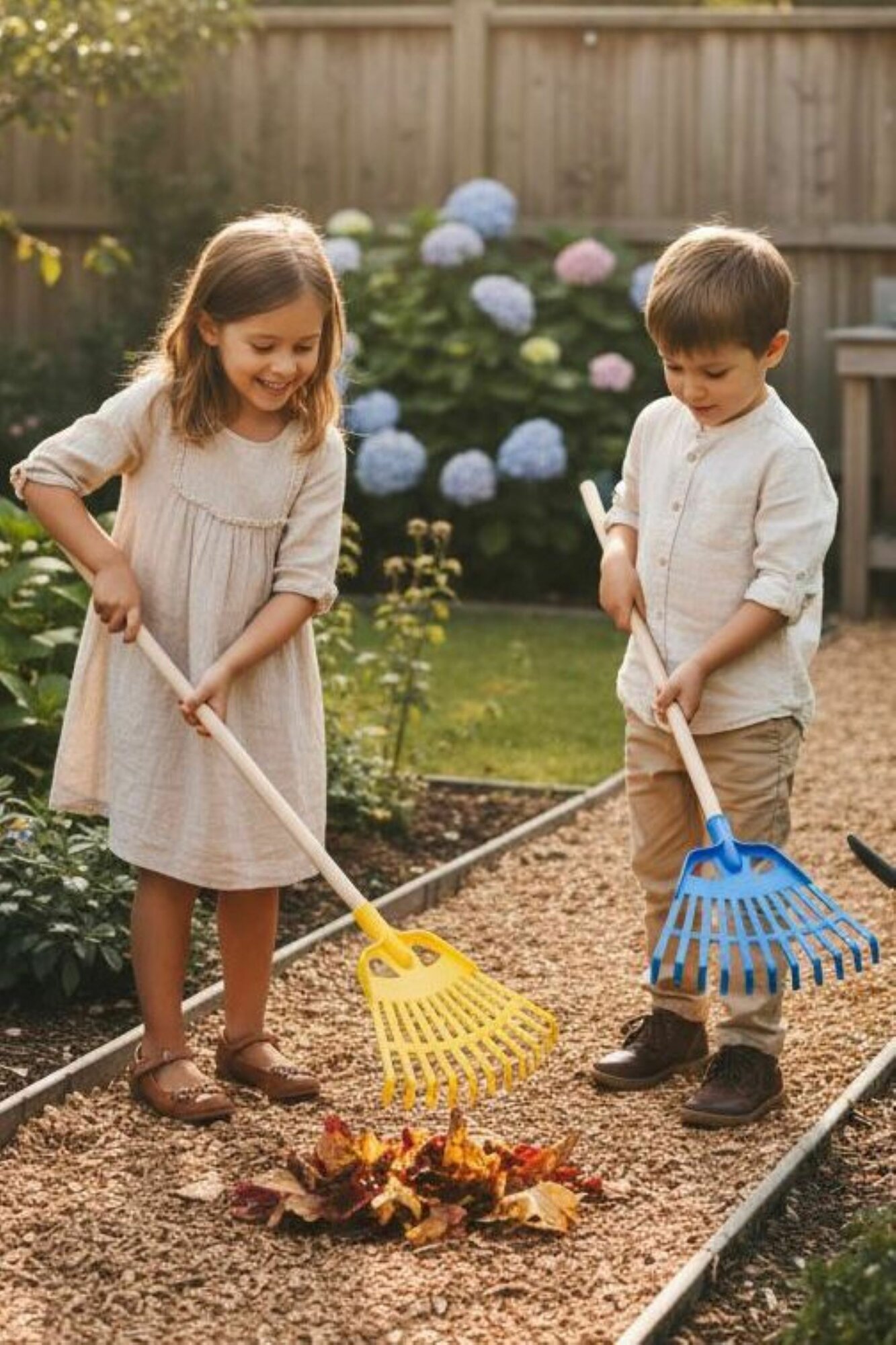 Грабли веерные детские 2шт синие и желтые с деревянной ручкой — фото 1