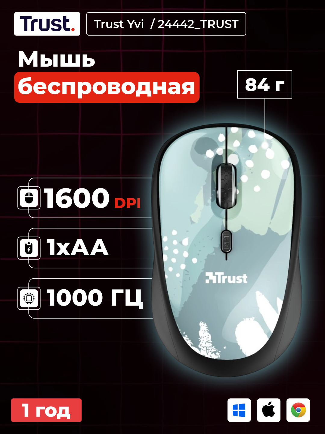 Беспроводная мышка для офиса Trust Yvi WL, для ноутбука и компьютера, для работы, небесно голубой, 24442_TRUST