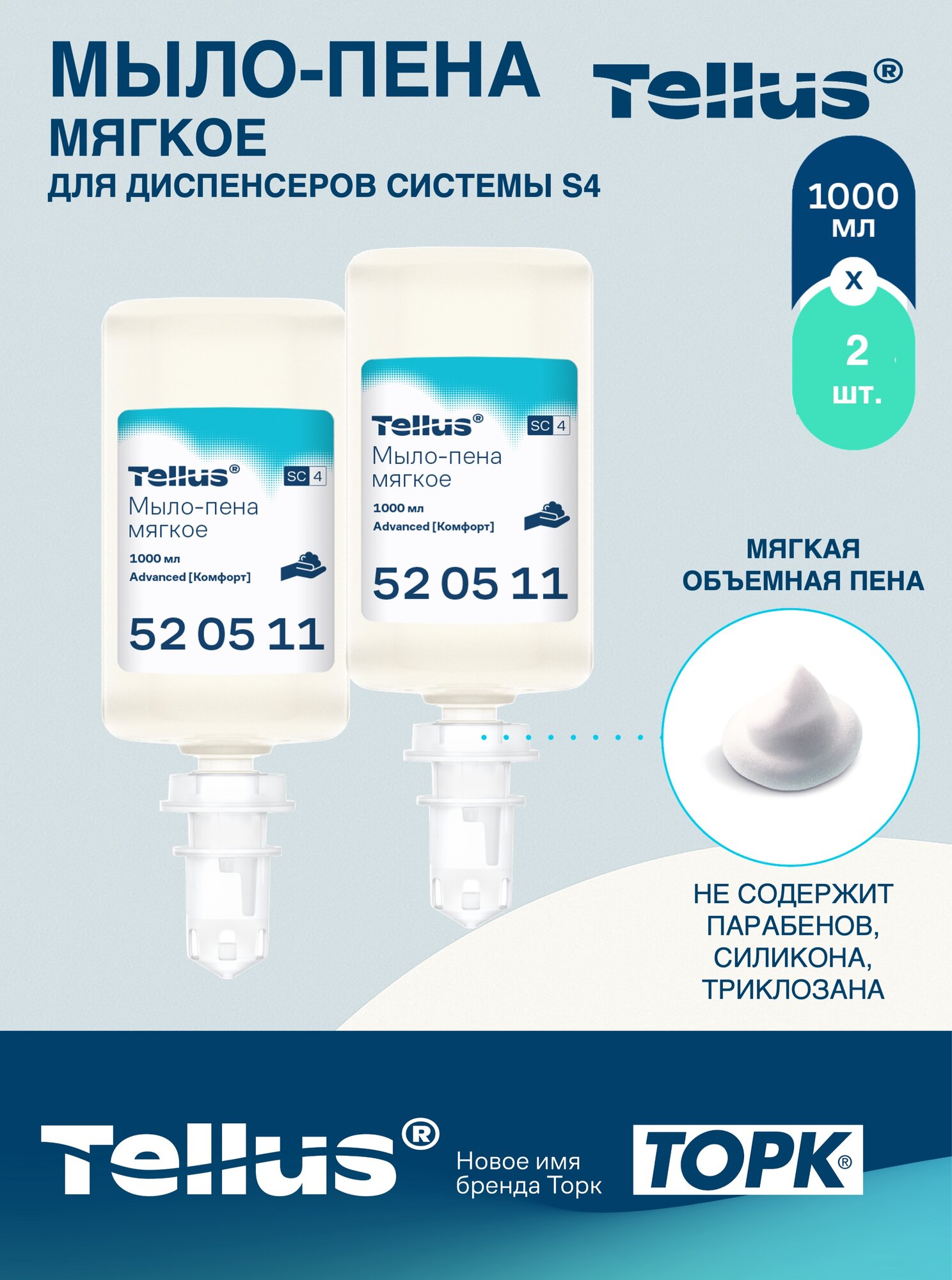 Мыло-пена мягкое Tellus система S4 2 картриджа по 1000 мл 2500 порций 520511-2