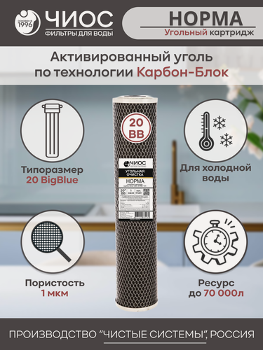 Изображение товара Угольный картридж Чистые Системы 20BB, 5мкм, очистка воды от хлора
