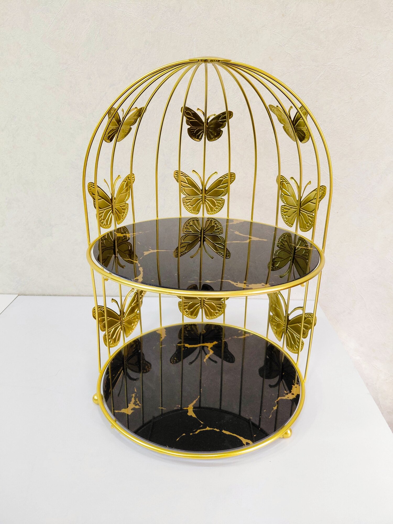 Органайзер для косметики и парфюмерии, 2-ярусный, ширина 24 см золотой металл и черные стекло, декоративный,