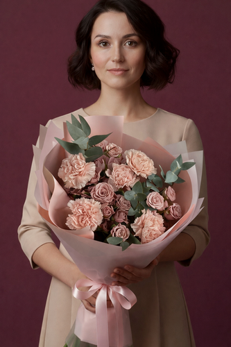 Изображение товара Сборный букет " Дуо с кустовой розой" и диантусами розовый, бежевый