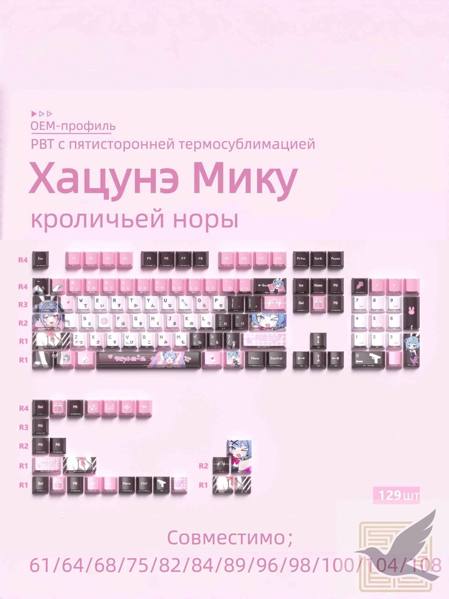 Кейкапы Хацунэ Мику (тема Кроличья нора); материал PBT с пятисторонней термосублимацией; 129 шт