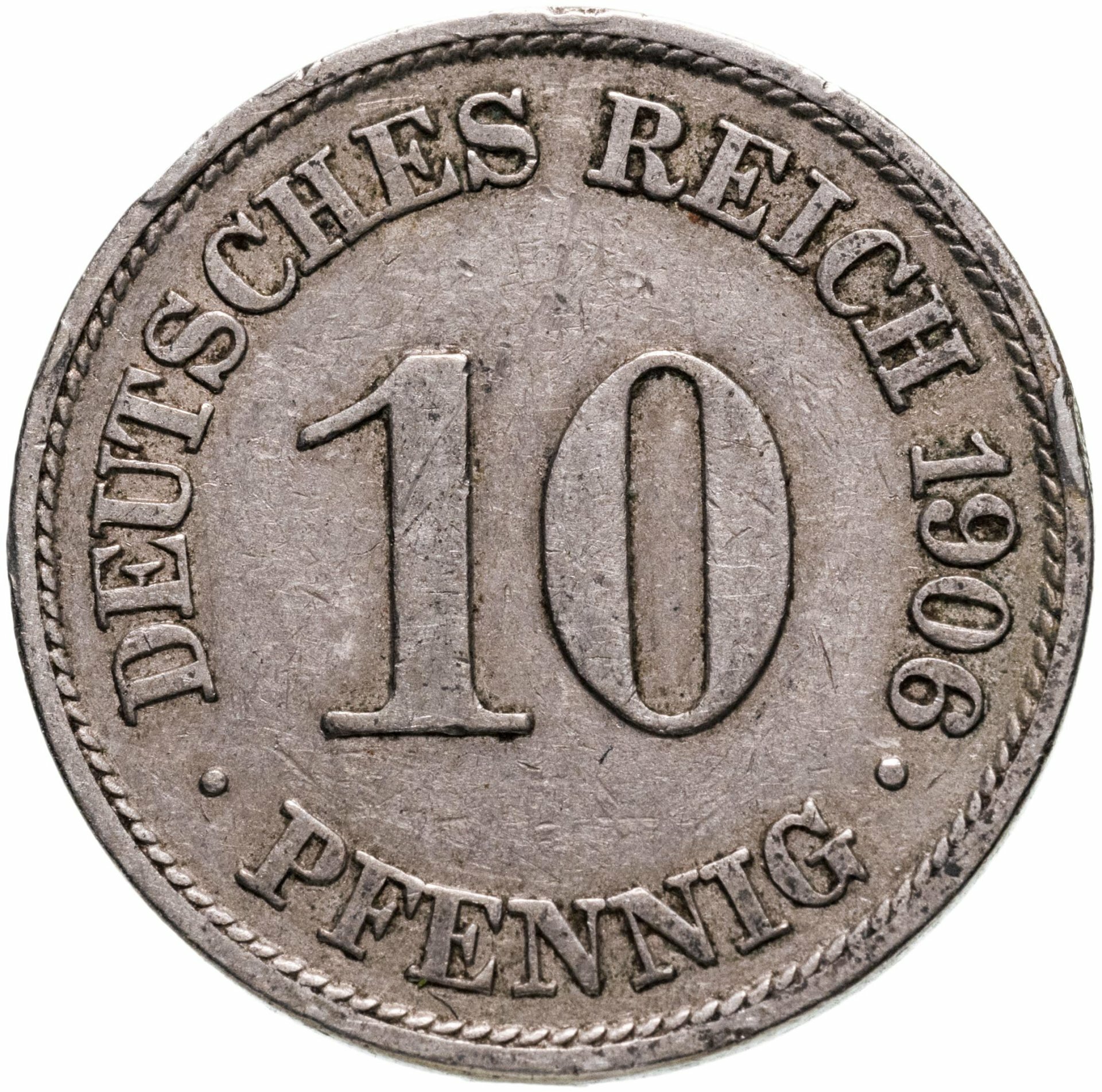Германия 10 пфеннигов 1906 знак монетного двора: "A" - Берлин, Никель, в сохранности VF-XF