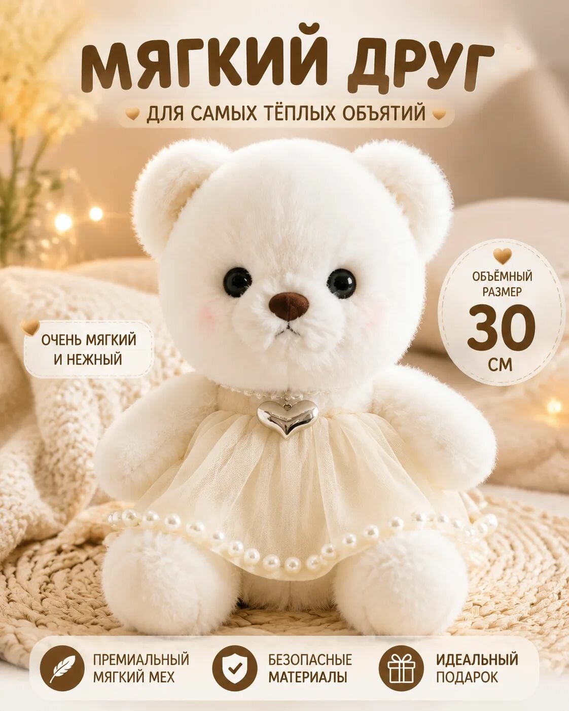 Большой плюшевый мишка медведь 30 см кофейный