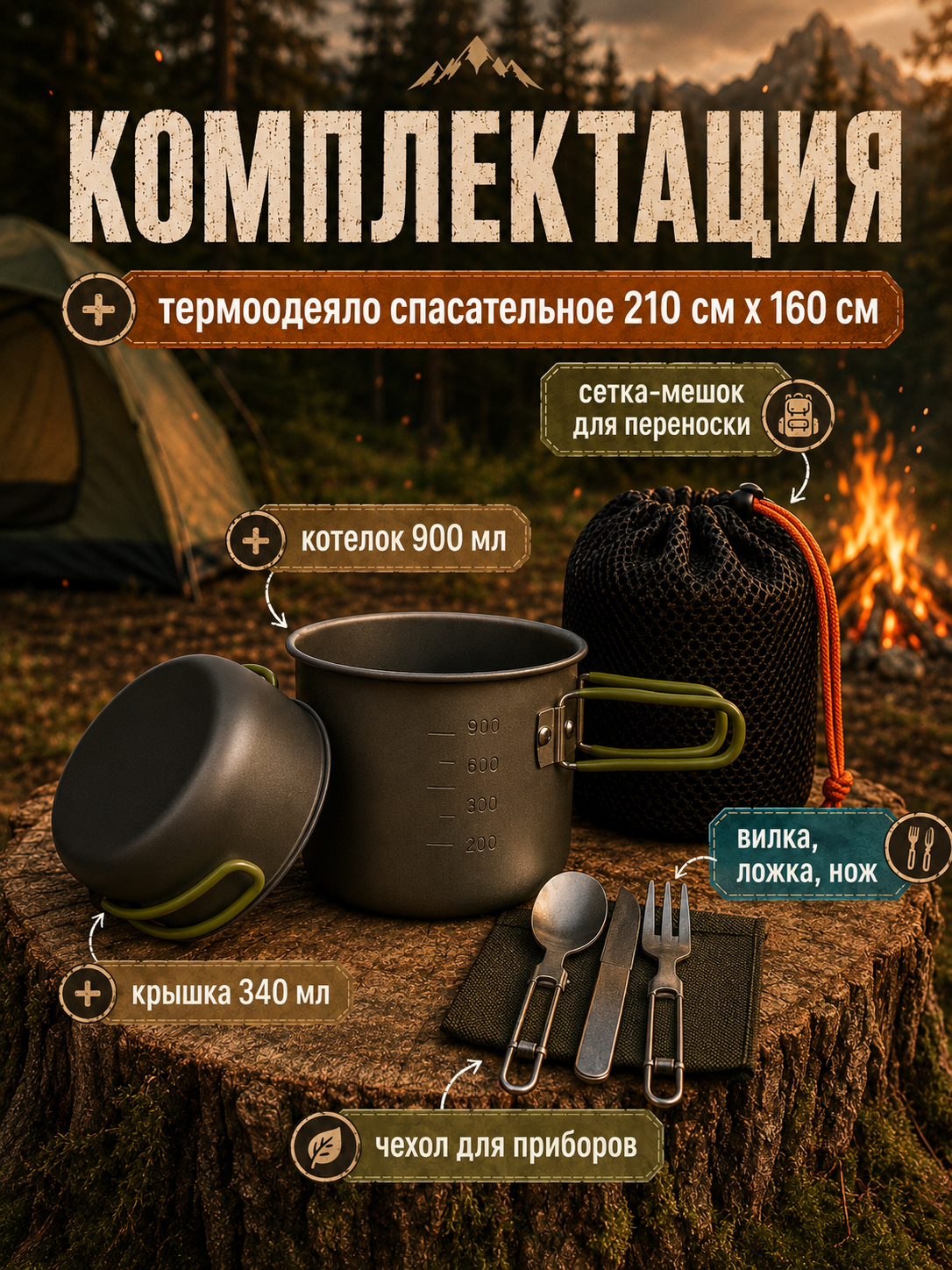 Котелок походный туристический набор посуды с приборами + подарок одеяло спасательное — фото 1