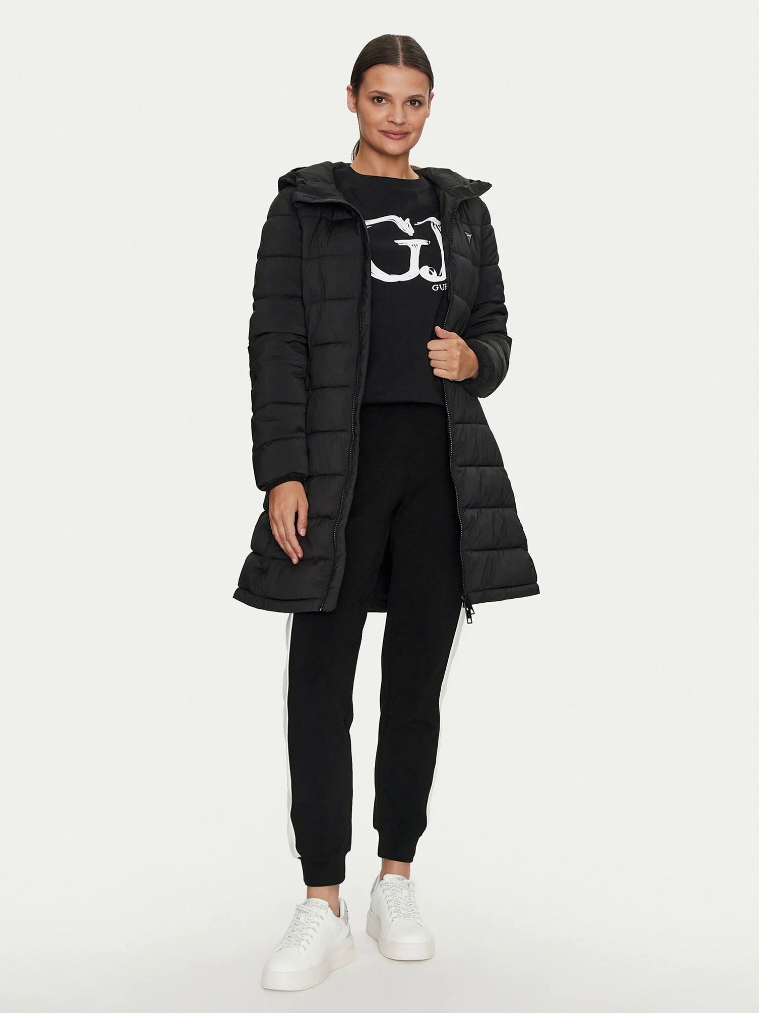 Куртка GUESS , NEW ALETA LONG PUFFER JACKET, размер S, черный — фото 1