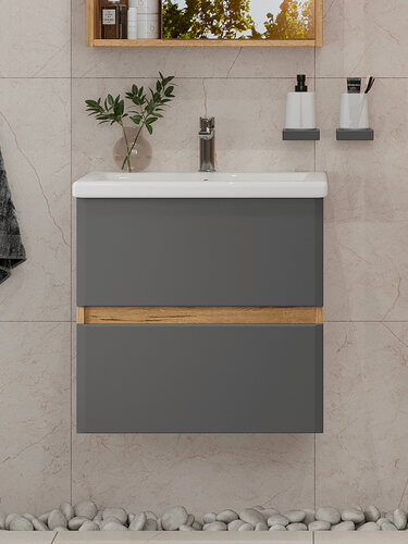Изображение товара Тумба подвесная SanStar Graffa 50 Без раковины для ванной комнаты Дуб вотан, графит софт