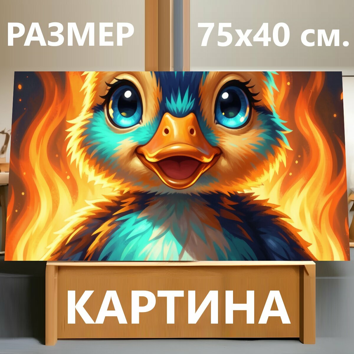 Картина на холсте "Милый утёнок в пламени. Яркий мультяшный птенец с большими голубыми глазами, окружённый огненными языками. Неоновые." на подрамнике 75х40 см. для интерьера