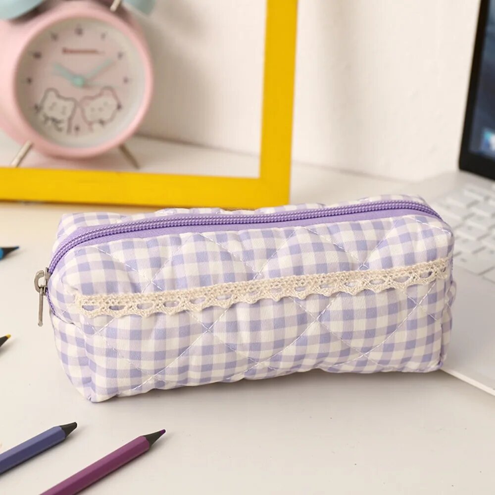 Новая сумка для ручек в свежем клетку, портативная сумка для канцелярских принадлежностей большой емкости, многофункциональный пенал для школы и офиса
