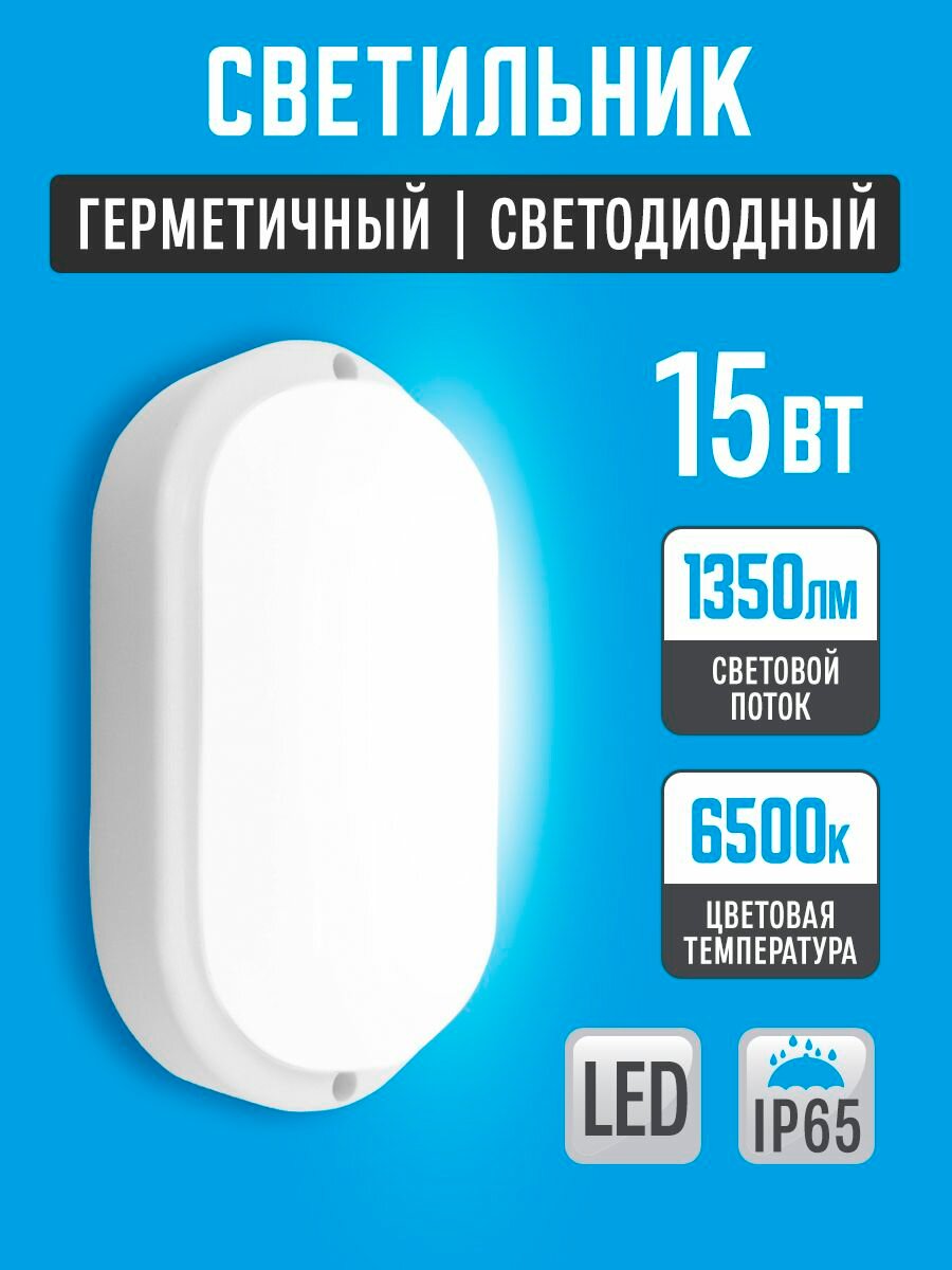 Светильник влагозащищенный 15W IP65 6500К (195*95х35) овал, светодиодный настенно-потолочный, герметичный для использования в сухих , а так-же влажных помещениях.