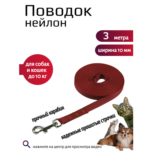 фото Поводок хвостатыч с карабином нейлон для мелких пород 3 м х 10 мм (коралловый)