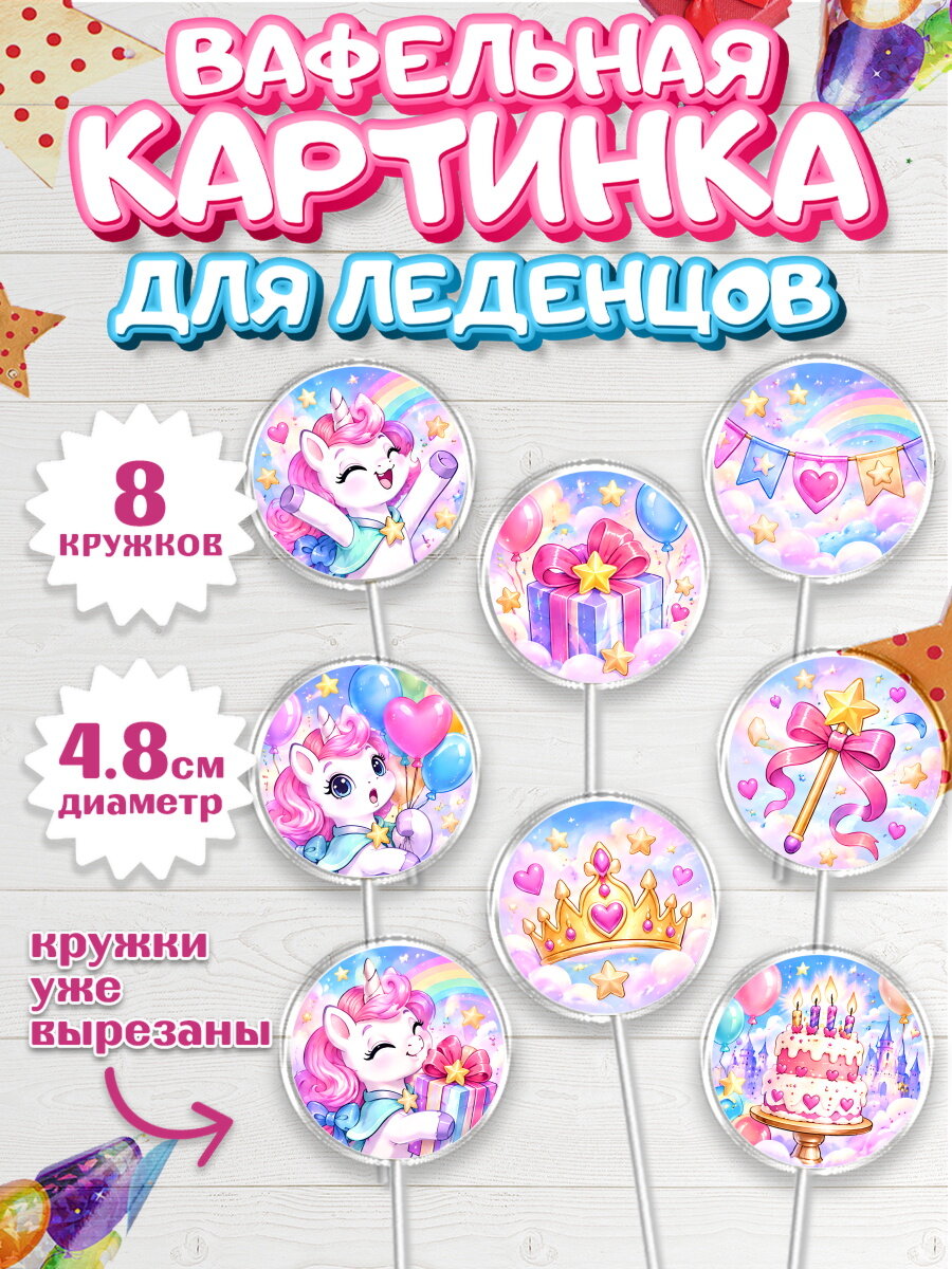Вафельная картинка для леденцов на торт Единороги девочке в день рождения