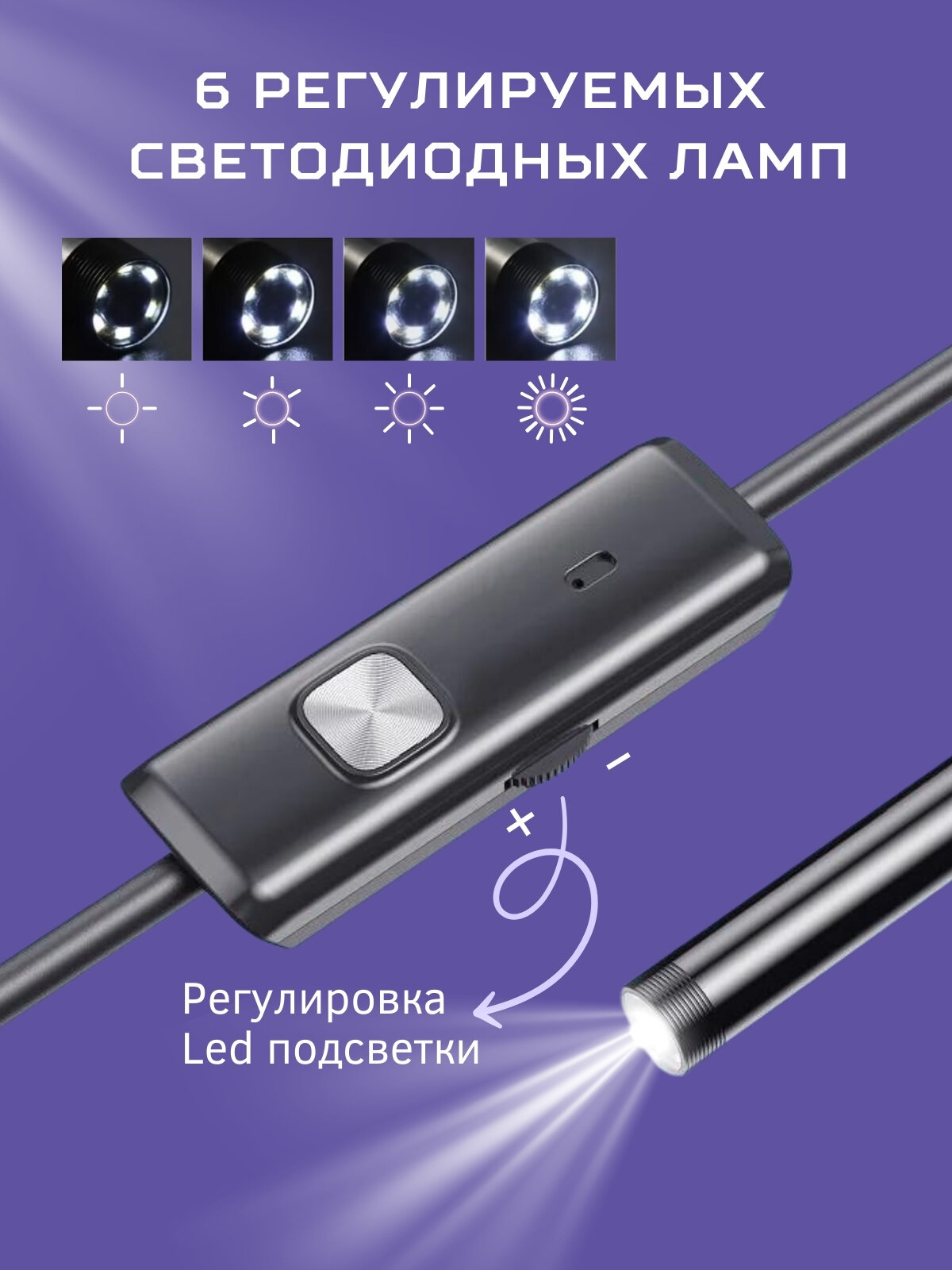 Эндоскоп для смартфона Android и компьютера, Видеоэндоскоп гибким проводом и камерой для труднодоступных мест 2 м — фото 1