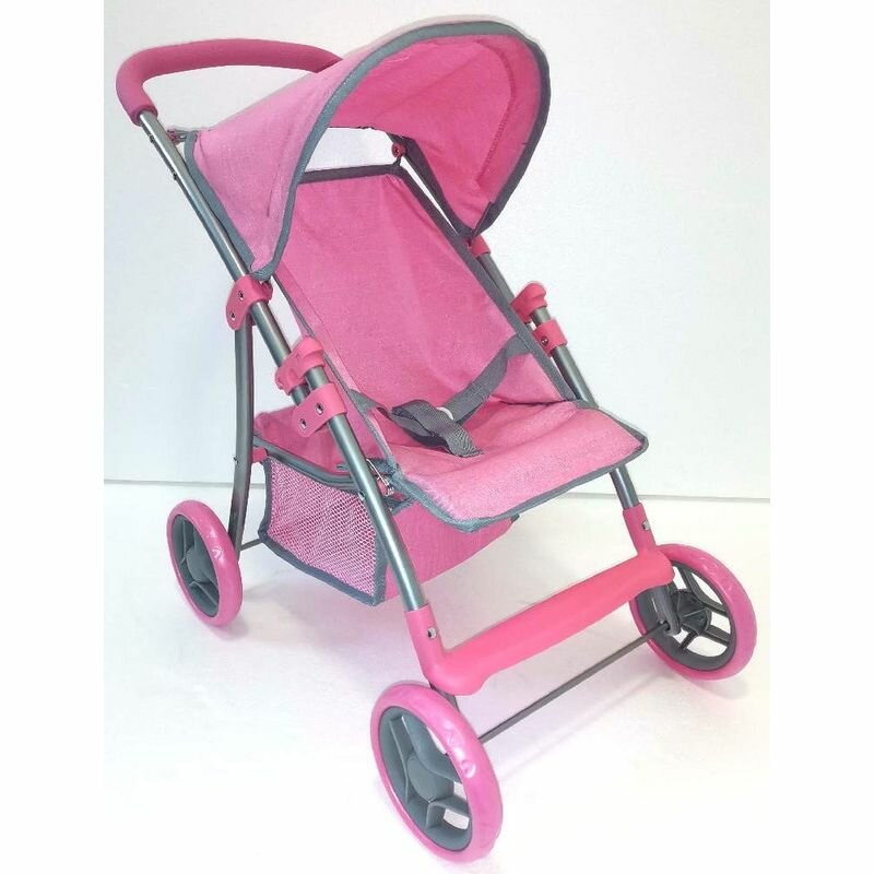 Коляска для куклы Melobo прогулочная розовый меланж с серым кантом с козырьком корзиной и ремнями в коробке