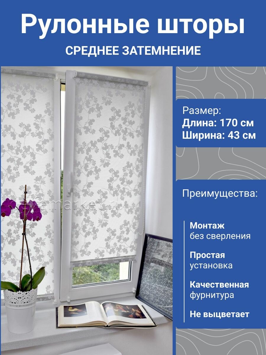 Рулонная штора Delfa СРШ-01М-2461 47(43) "Сантайм рисунок" 43х170 см. Жалюзи на окна без сверления, на кухню, в спальню.