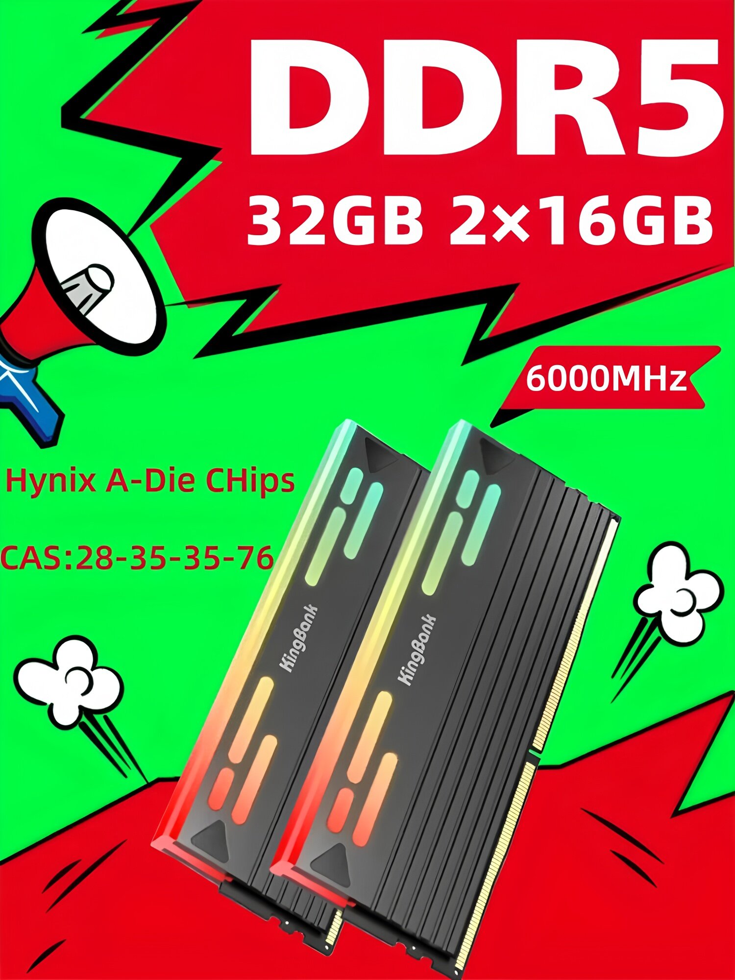 Kingbank Оперативная память Dark Star Blade RGB DDR5 UDIMM UDlMM 6000MHz 2*16GB Dark Heatsink (Hynix A-Die C28)