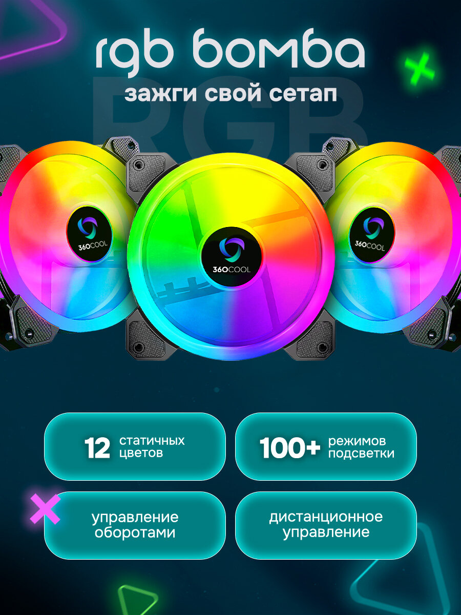 Вентилятор для корпуса ПК с RGB подсветкой 360COOL, 4 кулера для охлаждения 120мм, контроллер, пульт, 4Pin Molex 50см — фото 1