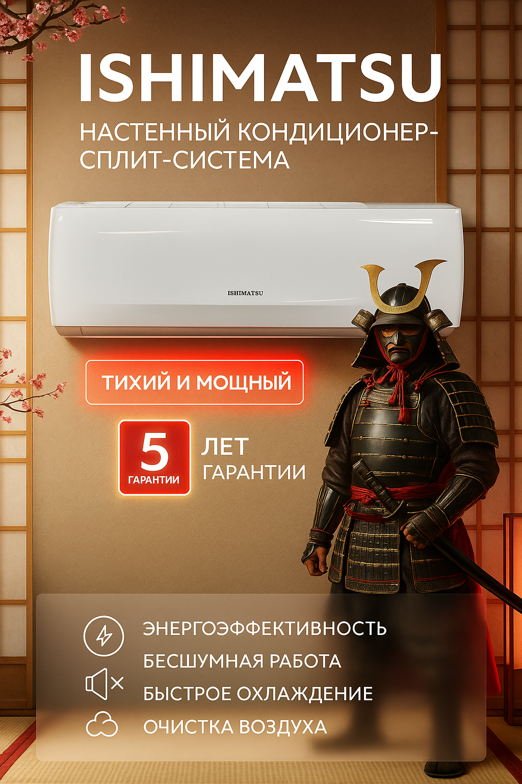 Кондиционер на 25 м2 ISHIMATSU Тихий Мощный CVK-07H компрессор GMCC/GREE, белый. — фото 1