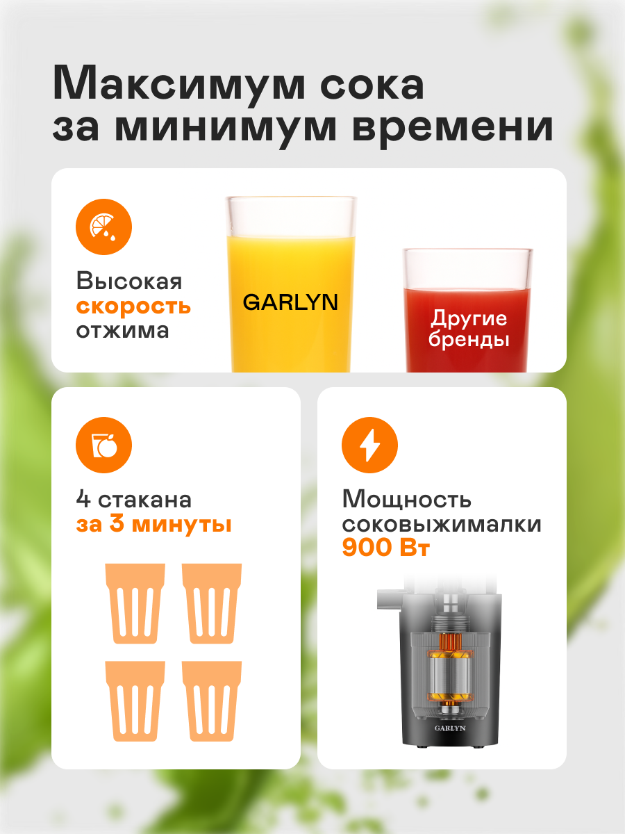 Шнековая соковыжималка GARLYN J-400. Объем кувшина для сока 600 мл. Максимальная мощность двигателя 900 Вт. — фото 1
