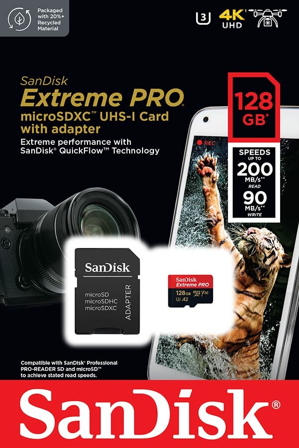 Карта памяти SANDISK Extreme Pro, microSDXC, 128ГБ, SD-адаптер