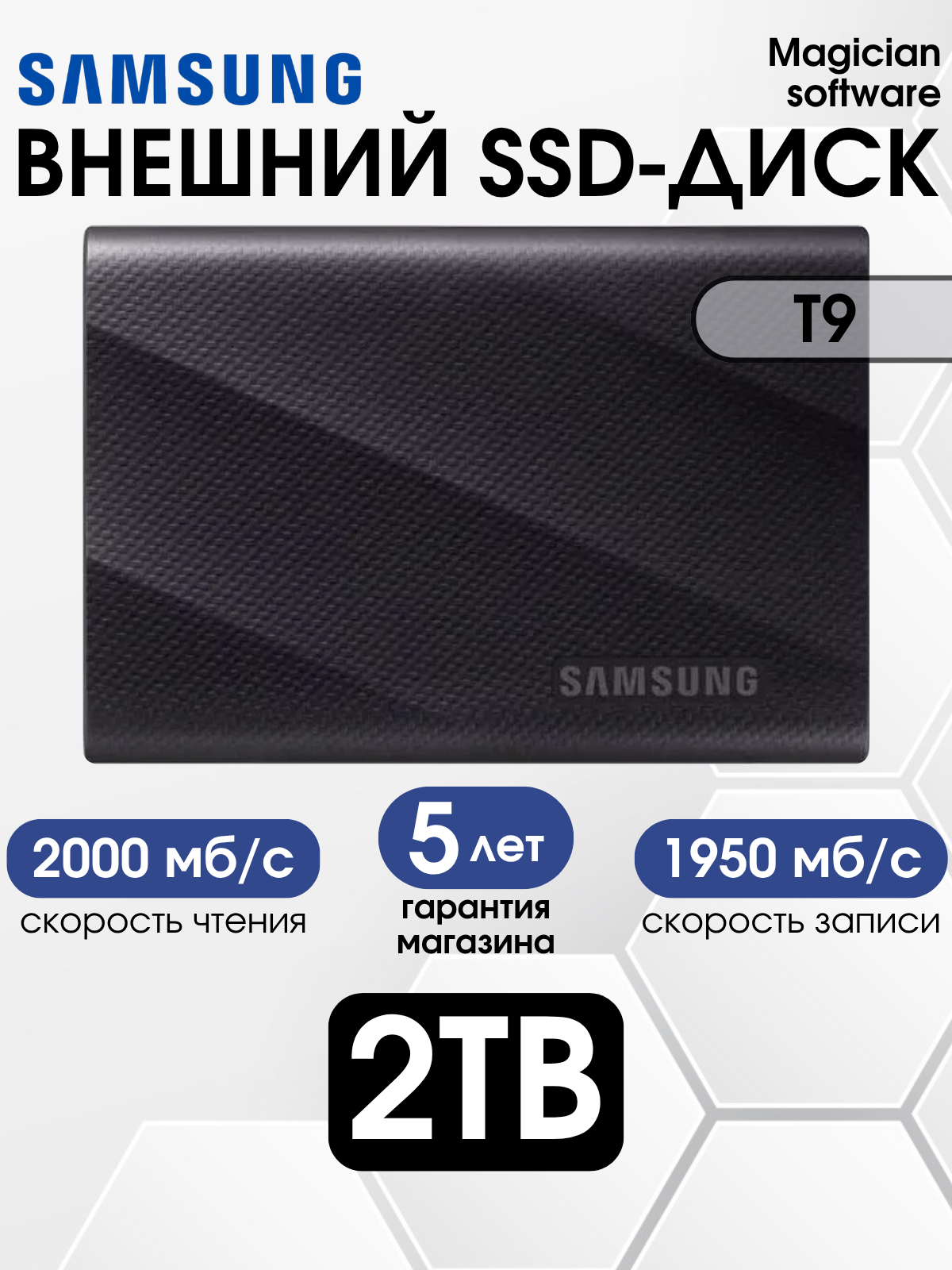 2 TB Внешний SSD Samsung T9 Portable 2000 Мб/с, черный (MU-PG2T0B/AM) USA