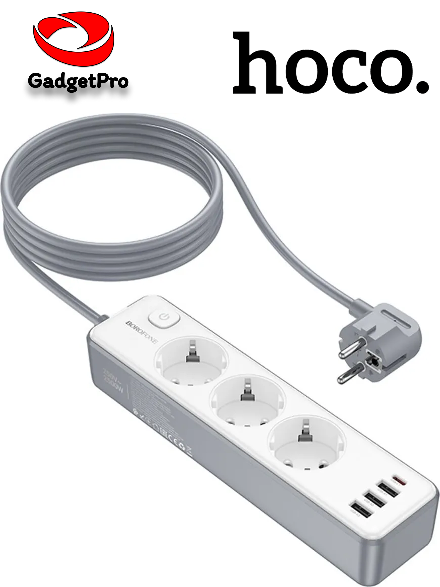 Сетевой фильтр Borofone BAC9, 3 розетки + 3 USB, 2500Вт, кабель 2 м, белый
