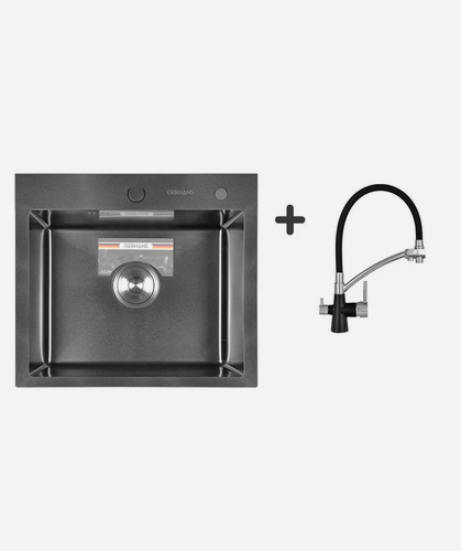 Изображение товара Комплект кухонная мойка из нержавеющей стали с PVD покрытием GERHANS K35044B со смесителем.