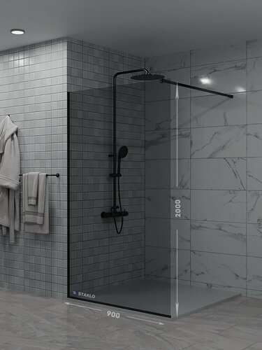 Изображение товара Душевая одиночная перегородка staklo 90x200 из серого графит стекла черная фурнитура