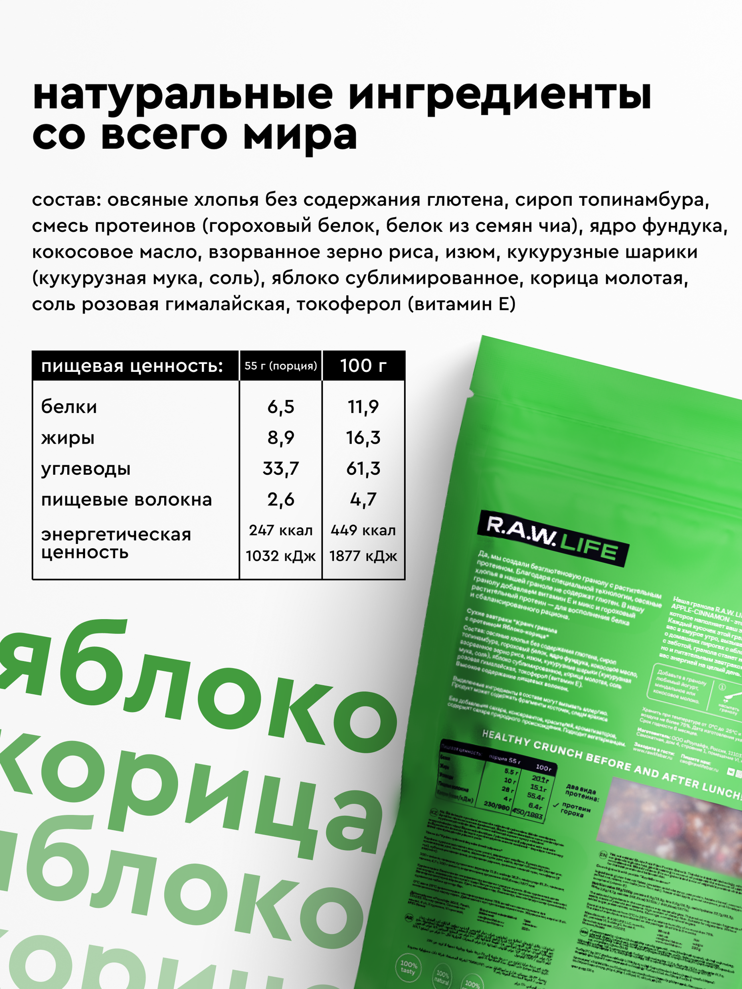 Изображение Гранола протеиновая R.A.W. LIFE без сахара, без глютена / Натуральный готовый веганский продукт для здорового питания / Яблоко-Корица 220гр