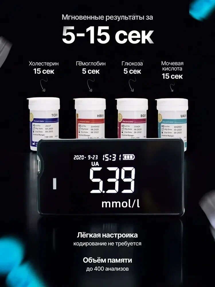 Анализаторы Анализатор крови (мониторинг уровня глюкозы, холестерина, гемоглобина и мочевой кислоты) 4-в-1 Глюкометр