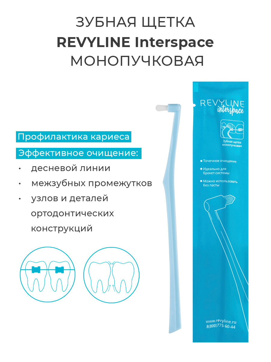 Монопучковая ортодонтическая зубная щетка Revyline Interspace, для брекетов, голубая, Ревилайн