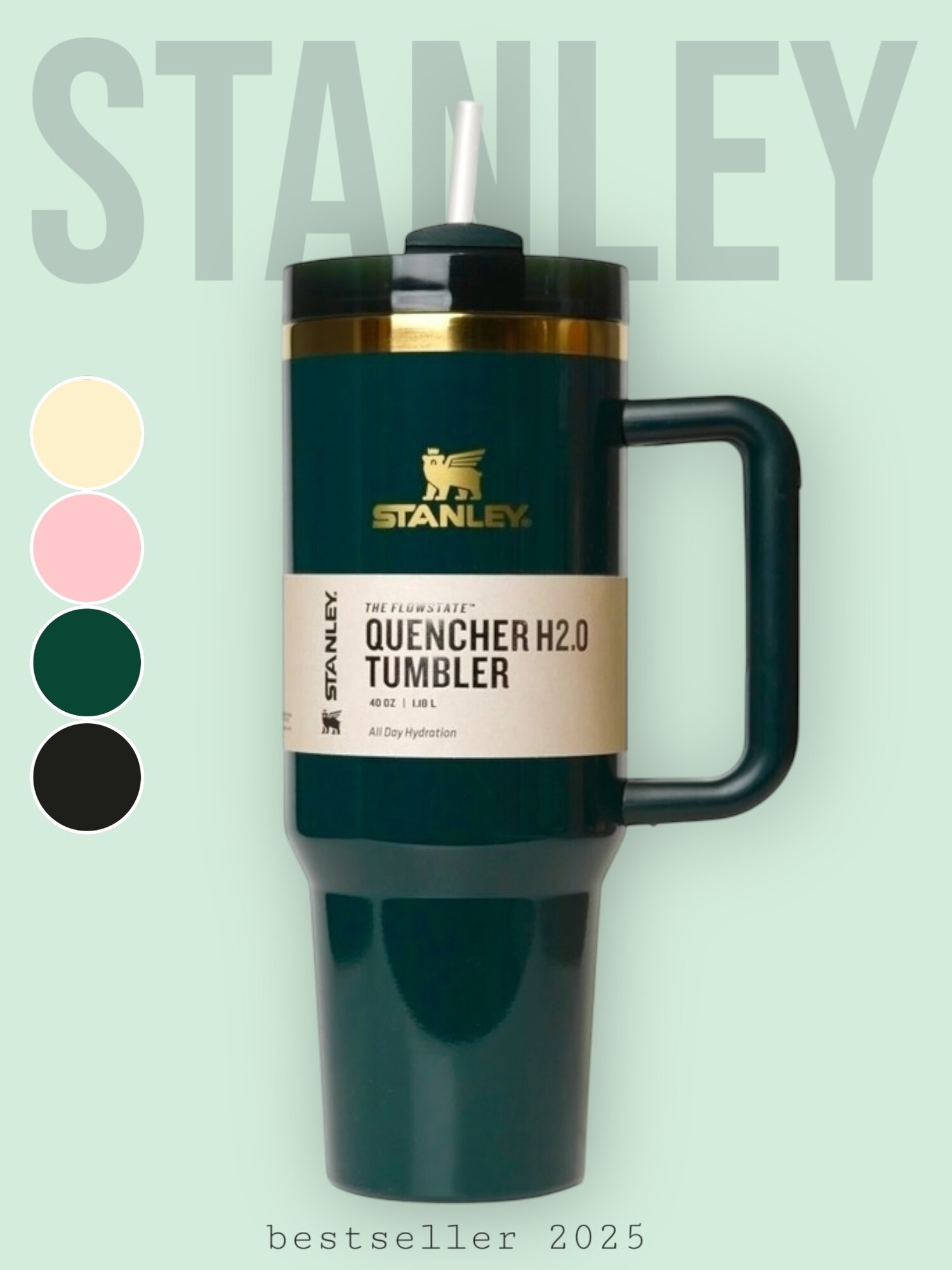 Термокружка Stanley The Quencher Н2.0 1180 ml, темно-зелёная, с трубочкой