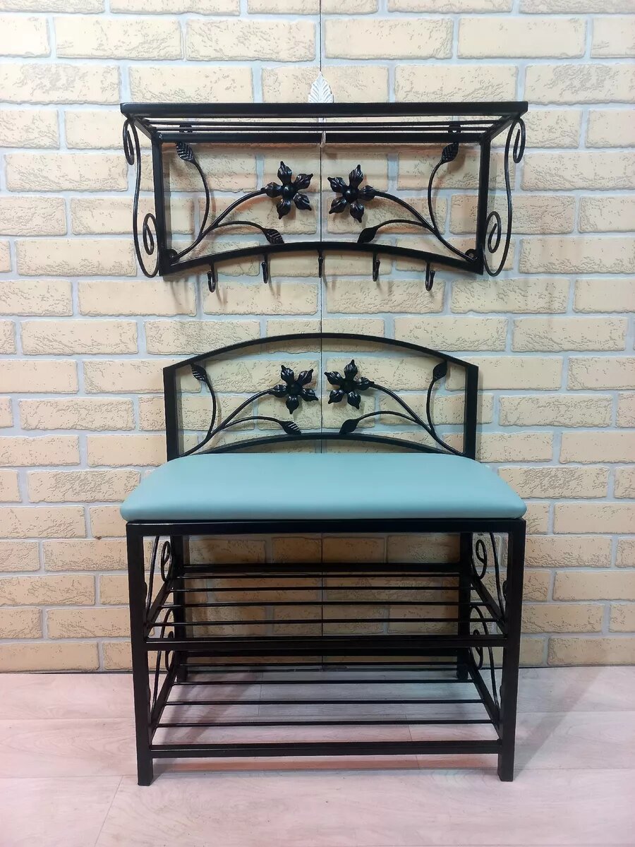 Кованая прихожая, вешалка + банкетка, Студия кованой мебели Нива, цвет голубой — фото 1