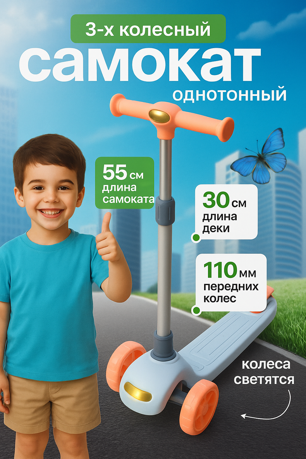 Трёхколёсный детский самокат, с колёсами и музыкой, со сиденьем