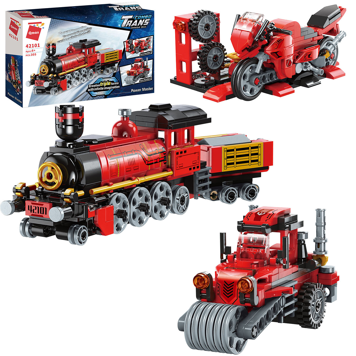 Конструктор Qman 3 в 1"Паровоз/мотоцикл/трактор", 305 элементов, развивающий, пластик