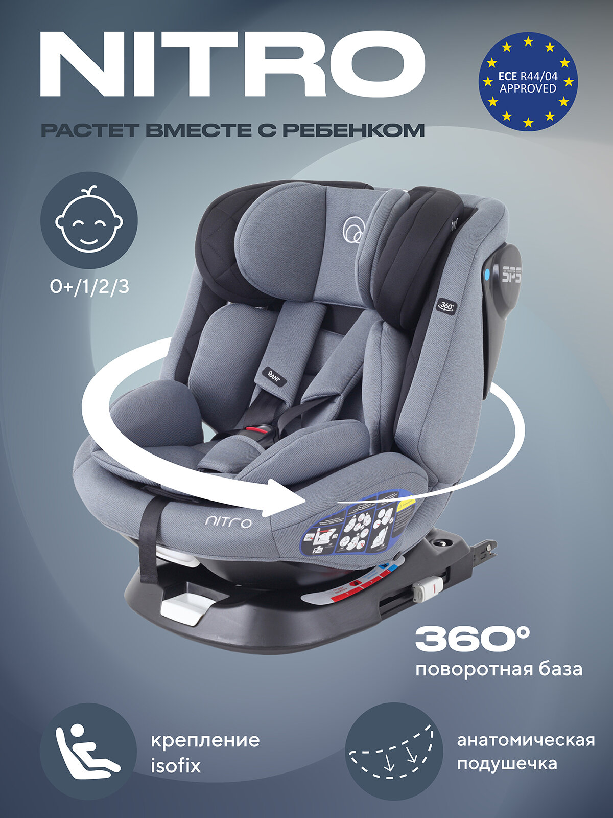 Автокресло Rant Nitro isofix UB619 группа 0+/1/2/3 от 0 до 12 лет вес 0-36 кг, Grey/Black