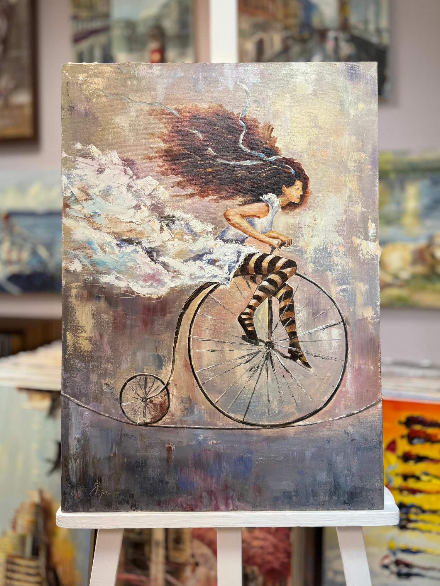 Картина маслом Девушка на велосипеде романтическая 50х70 см. Художественная мастерская Грёзы