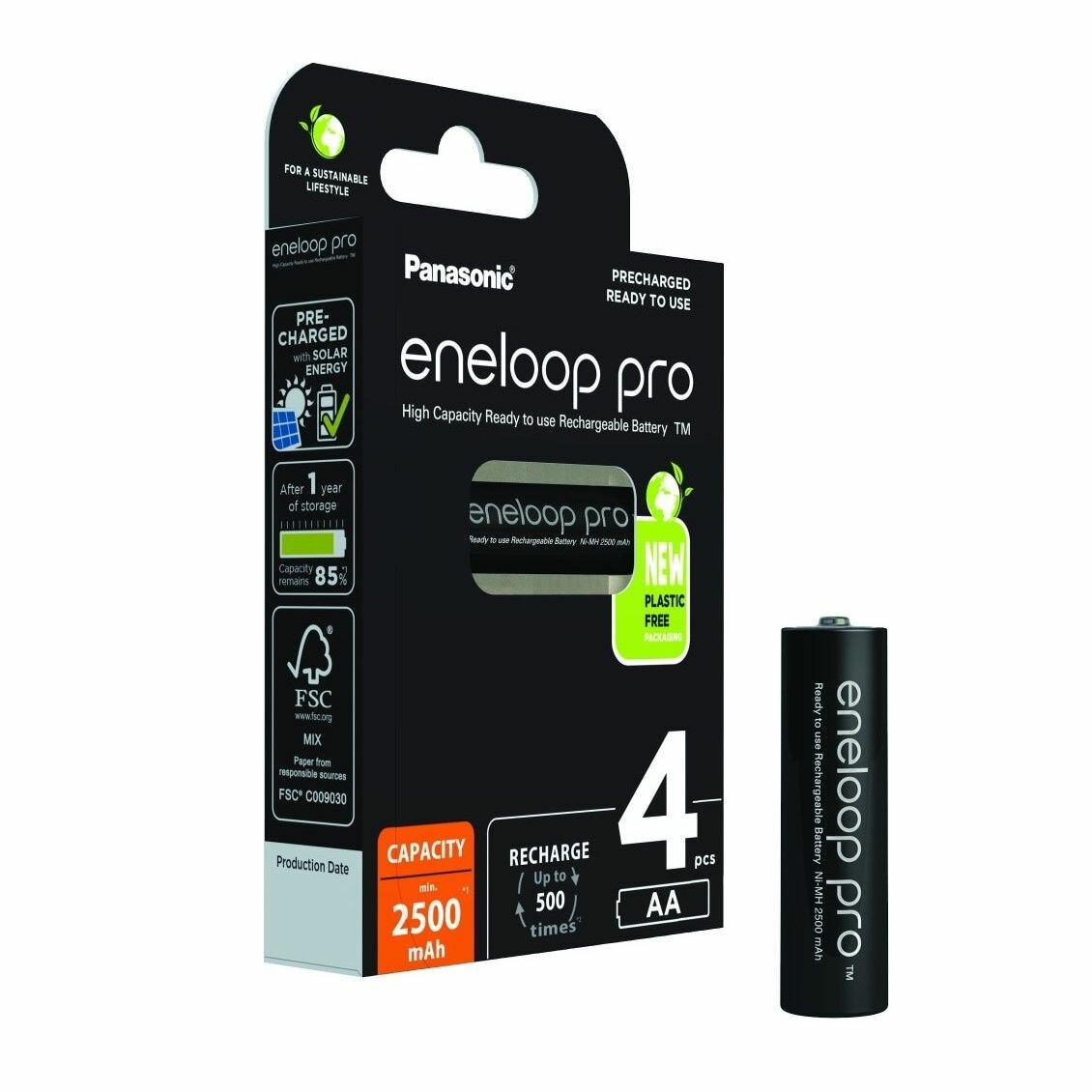 Аккумулятор PANASONIC Eneloop Pro AA 2500 4BP (BK-3HCDE/4BE), 4 шт в блистере — фото 1