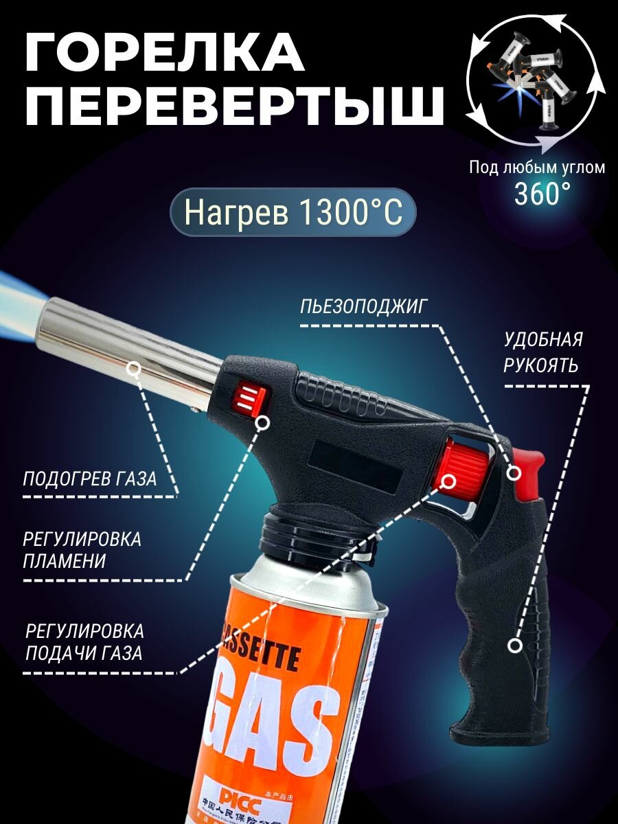 Газовая горелка с пьезоподжигом Гигант перевертыш/ Туристическая горелка насадка для газового баллона, для розжига автоматическая