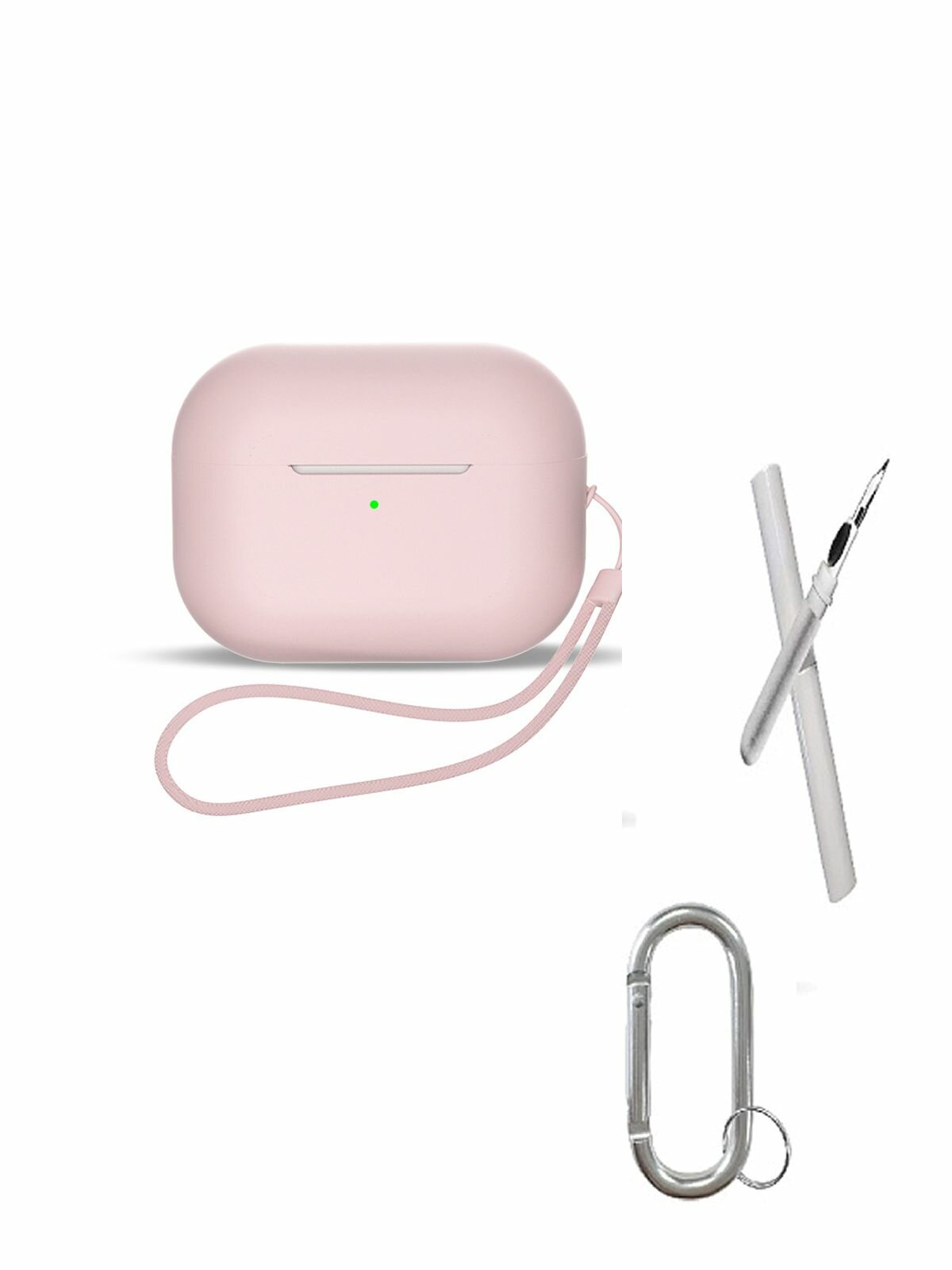 Чехол для наушников AirPods 4 (2024) силиконовый с карабином и шнурком + белая щетка, розовый