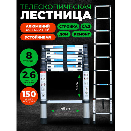 фото Лестница телескопическая 2,6 м 8 ступеней dg006-8/лестница складная универсальная для дома, для дачи, для ремонта, трансформер