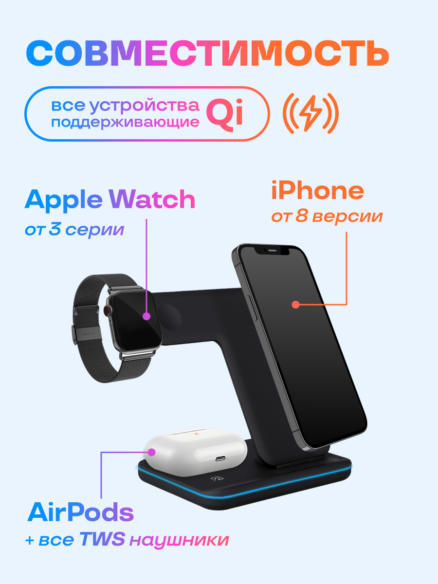 Беспроводная зарядка для iPhone 3 в 1, зарядная станция для телефонов, док станция Apple — фото 1