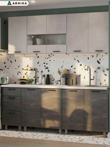 Изображение товара ARNIKA Кухонный гарнитур "Азалия" без столешницы, 2м, цемент светлый/цемент темный