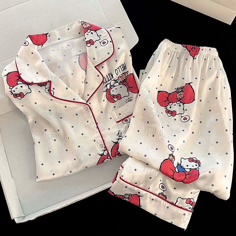 Милая пижама Hello Kitty для женщин, шелковая, с длинными рукавами в горошек, милая домашняя одежда, летний повседневный стиль, можно носить на улицу.