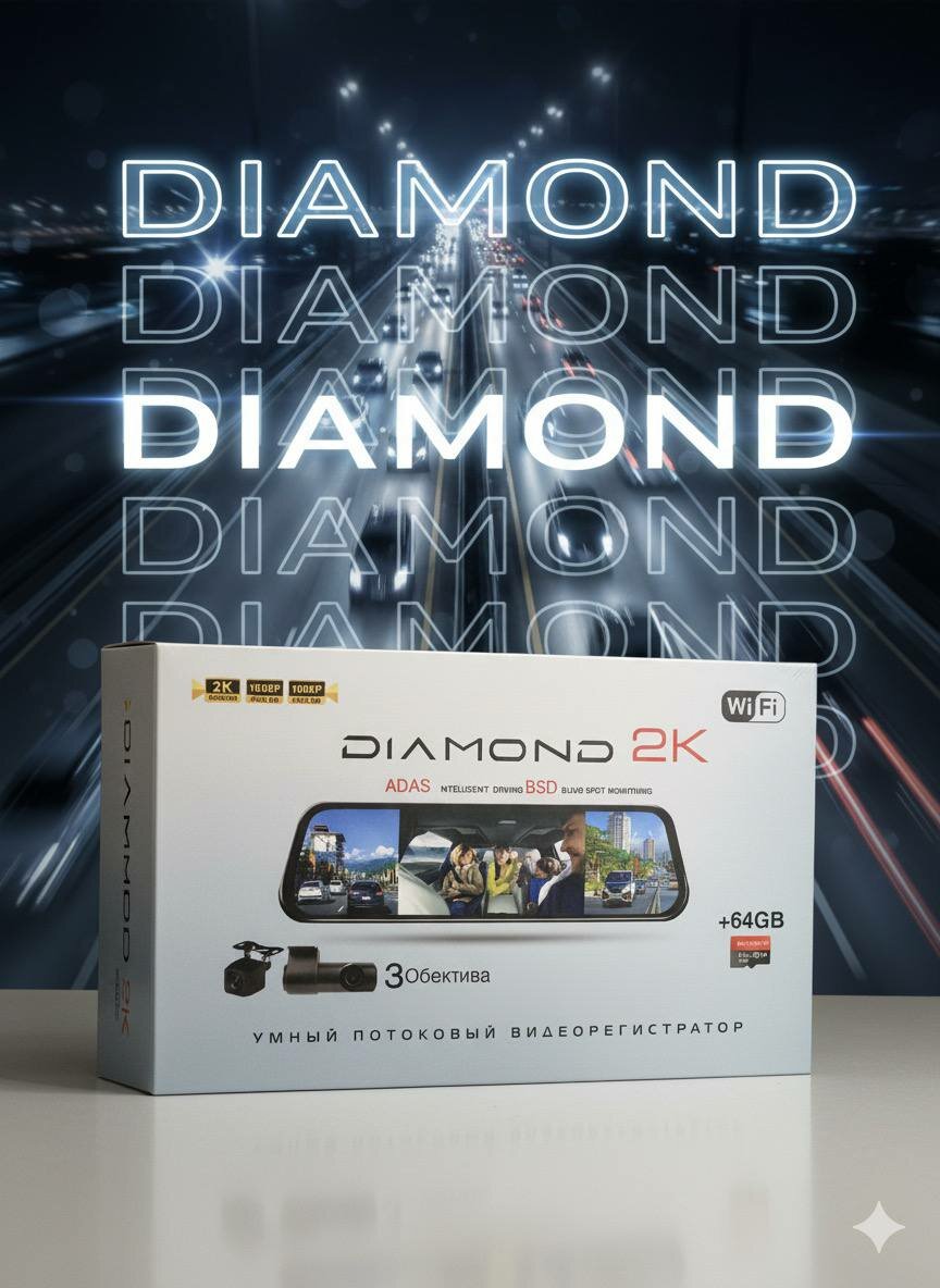 Видеорегистратор DIAMOND, 3 камеры, Full HD/2K, циклическая запись
