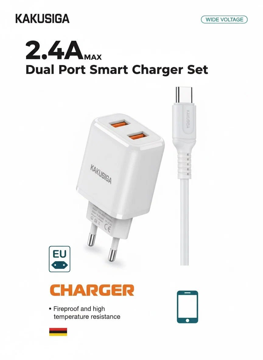 Зарядное устройство KAKUSIGA, 2 порта USB Type-C, с кабелем, евровилка