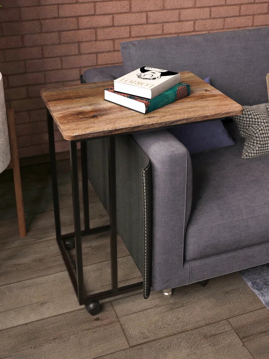 Стол журнальный, приставной МеталлАрт М007 придиванный на колесах коричневый дуб/черный